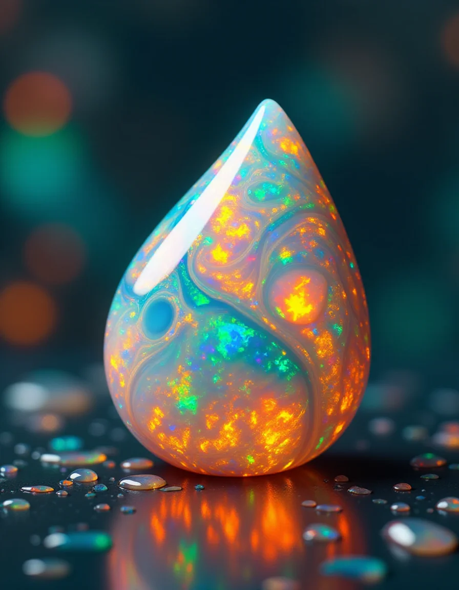 A magnified image of a single droplet of liquid ral-opal, its surface alive with swirling, glowing patterns in radiant orange and turquoise hues. Light interacts with the droplet, refracting into intricate spectral highlights, while the droplet itself appears to pulse softly with energy
<lora:ral-opal-flux_000004000:1>