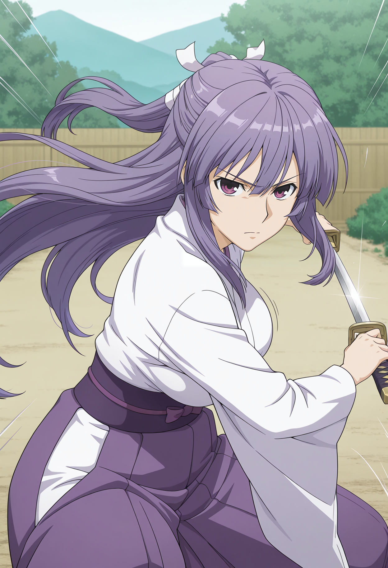 1girl,solo,mm,mature female,long hair,purple hair,purple eyes,half updo,hair ribbon,large breasts,anime coloring,
miko,kimono,purple hakama,white kimono,katana, dynamic pose, serious,light frown,looking at viewer,outdoors,motion lines, holding sword, fighting stance, 
,masterpiece,best quality,amazing quality,<lora:Miya_Asama-Sekirei:0.8>