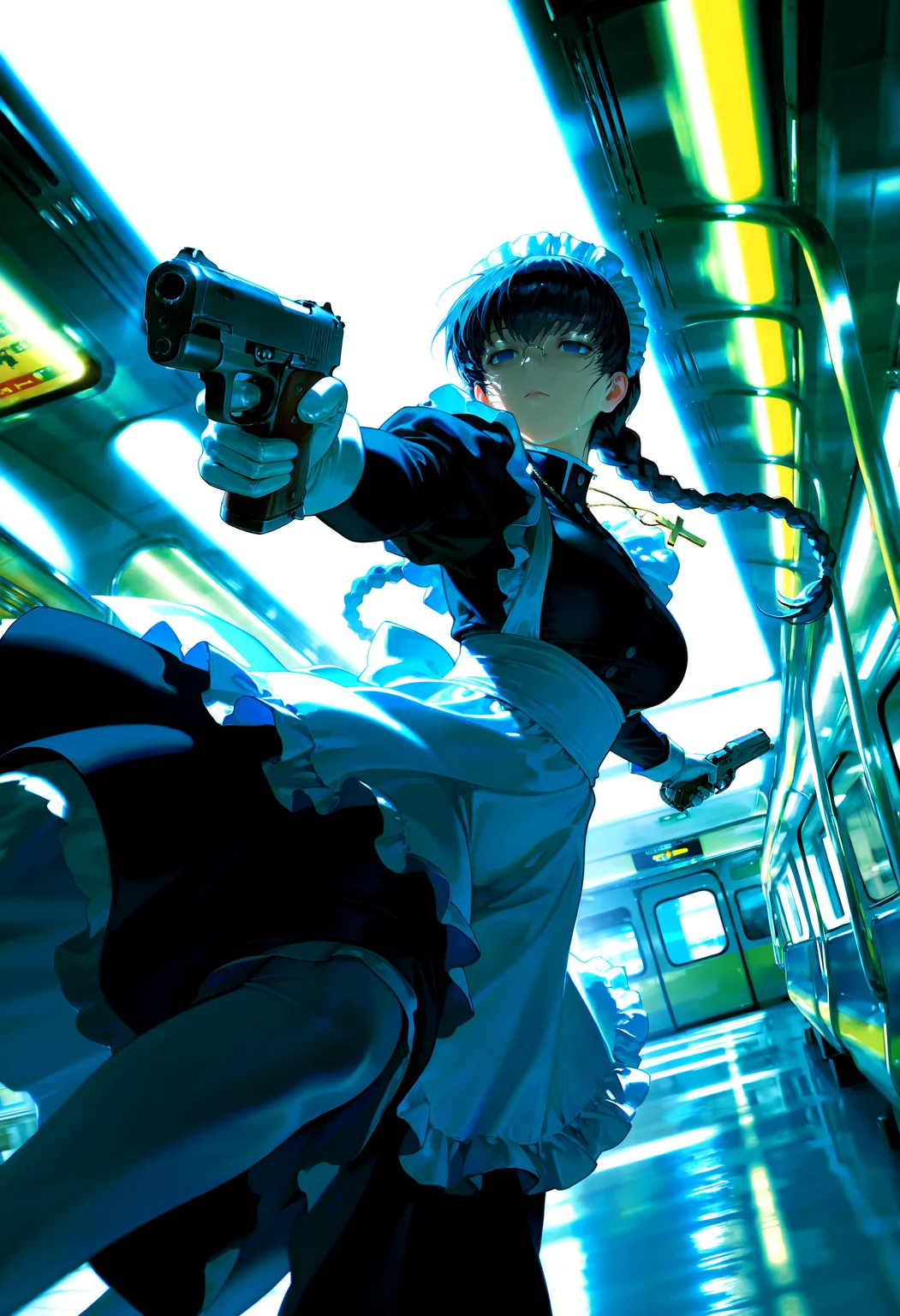 masterpiece, best quality, amazing quality, very aesthetic, absurdres, newest, scenery, detailed shading, photorealistic, mature female, roberta \(black lagoon\), expressionless, blue eyes, empty eyes, black hair, low twin braids, round eyewear, cross necklace, maid, maid uniform, long dress, maid apron, white legwear, white gloves, dual wielding, holding handgun, dark, backlighting, subway, dynamic pose, masterpiece, best quality, amazing quality, very aesthetic, absurdres, newest, scenery, dutch angle, perspective, high-angle view, face focus,