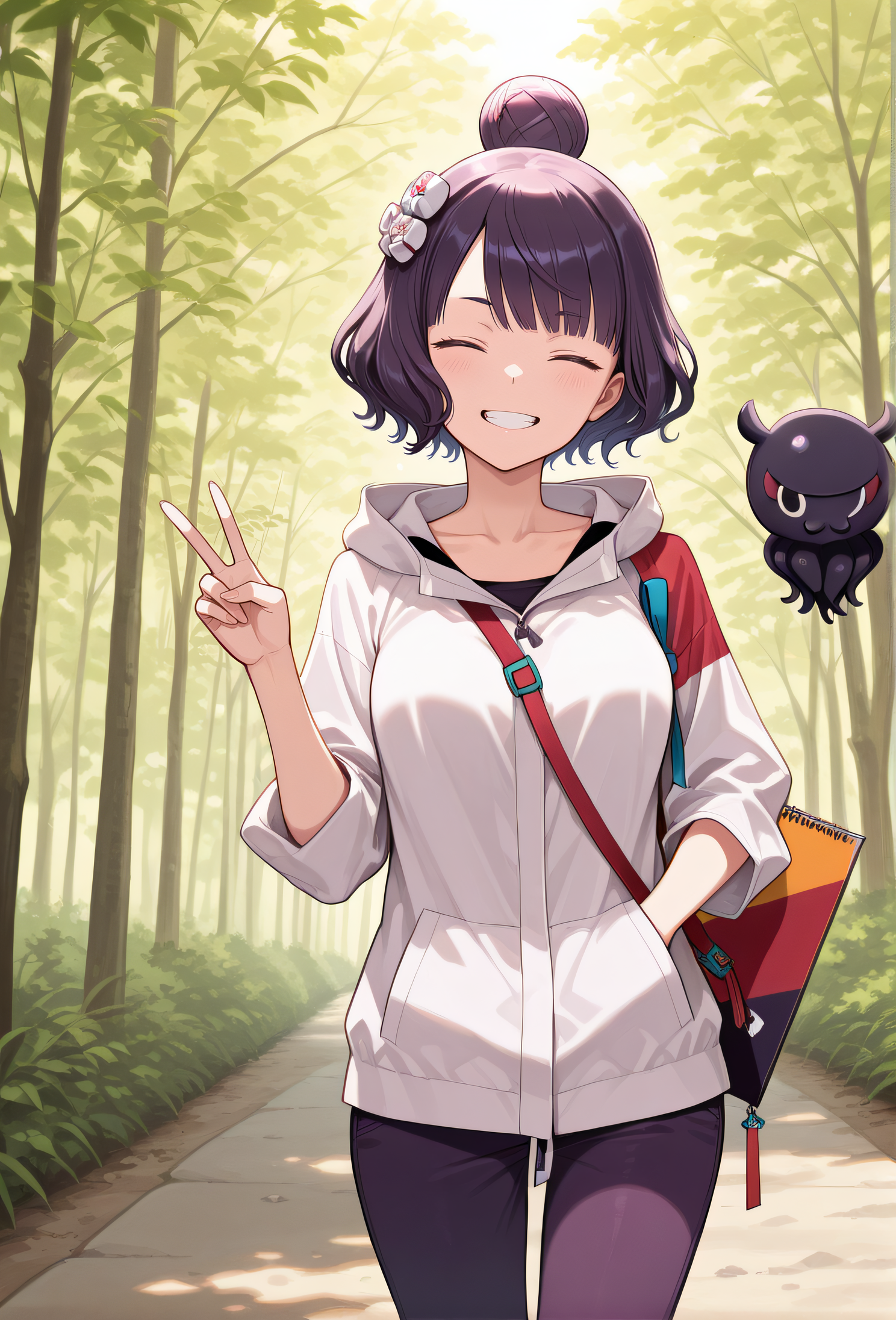 masterpiece, best quality, amazing quality, highres, absurdres, very aesthetic, high resolution, ultra detailed, perfect details, 1girl, solo, <lora:IL_Katsushika_Hokusai:1>, katsushika hokusai (fate), tokitarou (fate), oui, purple hair, single hair bun, closed eyes, hooded jacket, collarbone, purple pants, sketchbook, red shoulder bag, looking at viewer, smile, cowboy shot, outdoor, peace sign, open mouth, grin, teeth, octopus, tree behind, scenery, nature