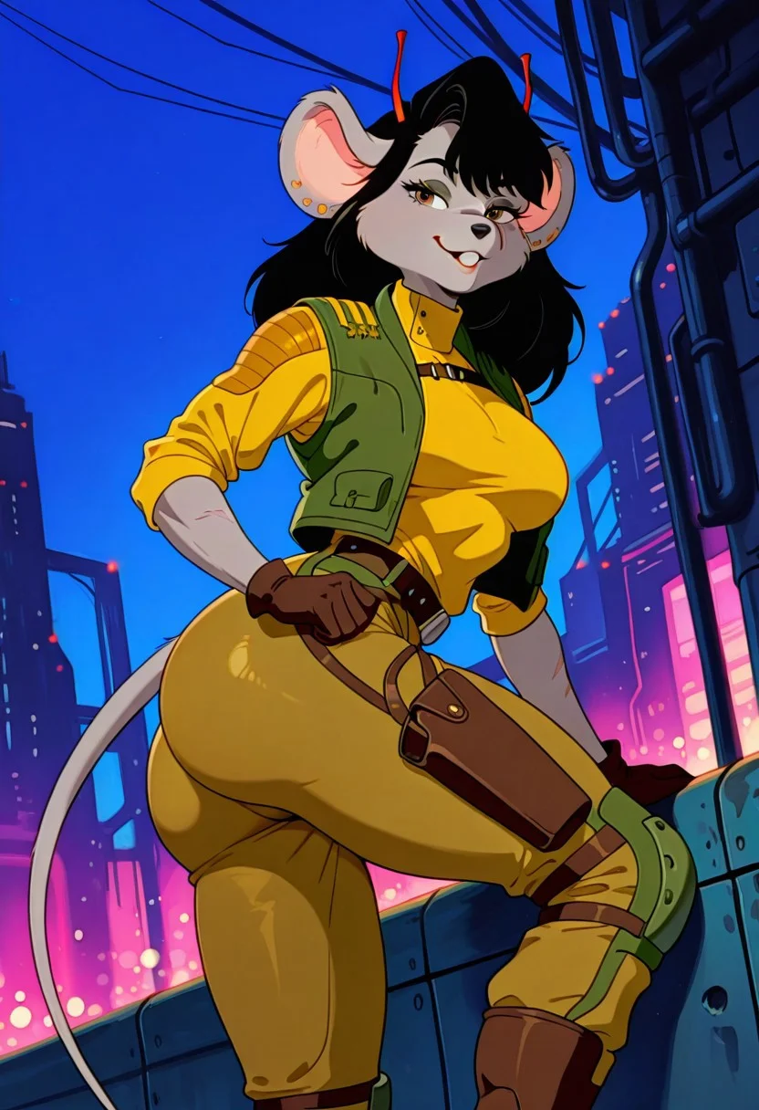 CarbineBMFM, 1girl, solo, furry female, anthro, mouse, grey fur, grey skin, animal ears, red antennae, black hair, long hair, bangs, brown eyes, black snout, scar on face, incisors, teeth, earrings, ear piercing, large breast, thick thighs, mouse tail, green vest, yellow turtleneck, elbow length sleeves, brown gloves, belt, light brown pants, brown boots, military uniform, holster, knee pads,
,seductive pose, sexy pose, tease,
masterpiece, best quality, fine details, intricate details, depth of field, subsurface scattering, bokeh,
ultra-detailed, very aesthetic, detailed background, newest, scenery, highres, absurdres, colorful, vibrant, glowing, perfect face, 2d, perfect eyes, vibrant saturated colors, volumetric lighting, sharp, detailed eyes, perfect anatomy, perfect face, perfect eyes, mature body, clear eyes, beautiful eyes, athletic, curvy body, athletic girl, perky tits, perfect tits, round breasts, pinup pose, teasing, lustful expression, perfect hands,
muscular female, dutch angle,
naughty smile,dat ass, ass focus, huge butt,
,Smooth Negative, Smooth_Quality,
90s_anime_aesthetic, 1990s (style), retro_artstyle, retro, cyberpunk