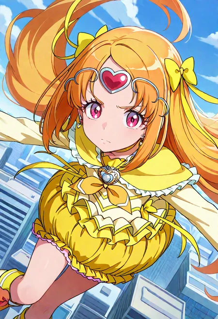 masterpiece, best quality, absurdres, very aesthetic, general,
cure muse \(yellow\), 1girl, solo, yellow bow, long hair, circlet, orange hair, yellow choker, brooch, frills, hair ribbon, pink eyes, yellow skirt, looking at viewer, eyelashes, serious, building, outstretched arms, hair bow, spread arms, closed mouth, cloud, yellow ribbon, bubble skirt, yellow neckwear, purple eyes, floating hair, long sleeves, frown, shiny, outdoors, anime coloring, flying, jumping, eyebrows visible through hair, shiny hair, yellow dress, dutch angle, heart earrings, brown hair, city, capelet, hair ornament, red eyes, sky, fighting stance, gathers, from above, expressionless, two side up, frilled capelet, yellow shirt, angry,
<lora:cure_muse_shirabe_ako_illustXL_locon_v1:0.7>