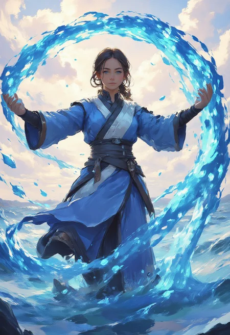 This is a digital drawing in a stylized, semi-realistic anime-inspired art style. The scene depicts Katara, a young woman with a warm, inviting smile
Katara has light brown skin and light blue eyes. Her hair is brown. She is looking directly at the viewer, stands in the water,
She is dressed in a traditional blue robe with a white sash tied around the waist, digital illustration, DreamArt, A powerful and graceful waterbending heroine, an alluring vixen, inspired by Katara from the Avatar series,She stands in a dynamic action pose, surrounded by swirling gusts of water, The setting features vibrant skies, with the wind creating intricate patterns in the air around her, emphasizing her connection to nature and the elements