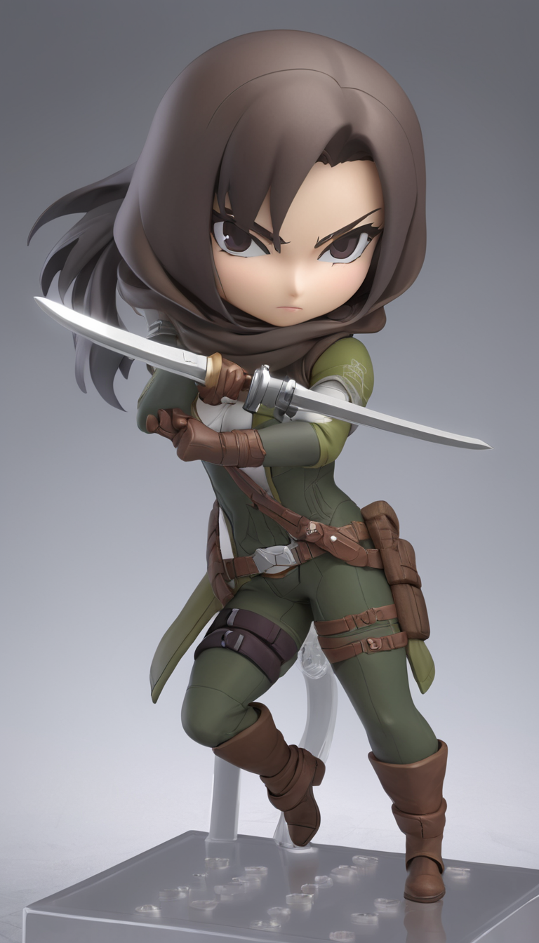 Cinematic scene, hero view, female rogue, action pose, detailed background, masterpiece, best quality, high quality, absurdres, nendorid <lora:nendoroid_xl_v7:1>