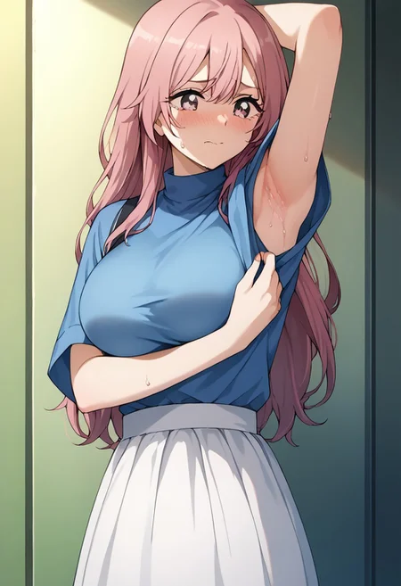 Masterpiece, Highest Quality, Score_9, Score_8_up, Score_7_up, source_anime. anime style. masterpiece, highres, absurdres. Best resolution.
shinju inui, long hair, pink hair, pink eyes, large breasts, skirt, shirt, short sleeves, white skirt, blue shirt, embarrassed.
sweat. crying face.
pulling clothes to show armpit. hold clothes with one hand. armpit