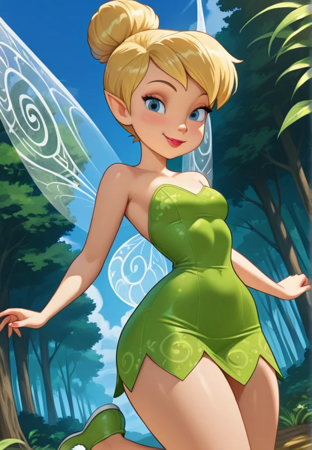 masterpiece, best quality, amazing quality, very aesthetic, absurdres, newest, detailed background, cowboy shot, outdoors, dynamic angle, forest, sky, clouds
tinkerbellxd, 1girl, fairy, solo, fairy wings, blonde hair, blue eyes, single hair bun, green dress, bare shoulders, smile, strapless dress, short dress, small breasts, short hair, green footwear, pointy ears, standing, looking at viewer, pompom shoes, thin waist, wide hips, flying, skindentation, seductive, sexy, makeup, lipstick,
<lora:Tinkerbell_-_Disney_Illustrious:1>