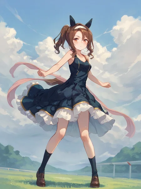 score_9, score_8_up, score_7_up, masterpiece,best_quality,
king halo \(umamusume\), 1girl, horse ears, outdoors, blush, looking at viewer, sleeveless, sky, full body, standing, horse tail, cloud, closed mouth, collarbone, black ear covers, white-frilled black high-low skirt dress, ponytail, white hachimaki, black socks, two-tone shoes, noble white cheer attire
 <lora:pony_king_halo_v1.02:0.9>