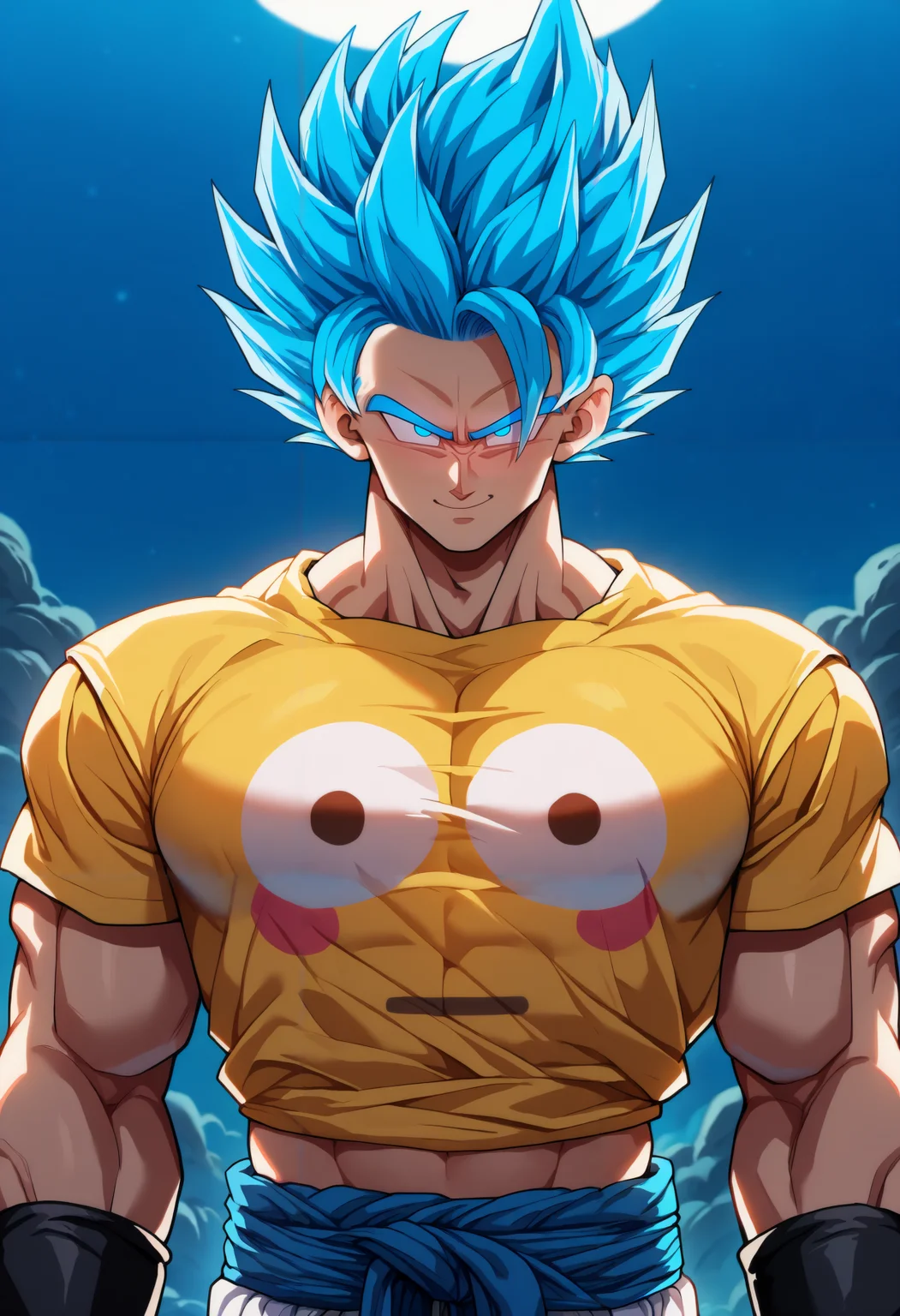masterpiece, best quality, newest, night, outdoors, closed mouth, 1boy, solo, looking at viewer, smile, <lora:Flushed Face Emoji Shirt:1> yellow shirt, print shirt, t-shirt, emoji, large pectorals, looking at viewer, midriff, crop top,
gogeta, blue eyes, spiked hair, blue hair, muscular male, abs, super saiyan, super saiyan blue,