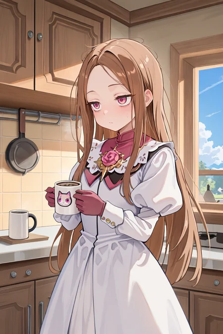 masterpiece, very aesthetic, absurdres, best quality, amazing quality, high resolution, <lora:illustrious_quality_modifiers_masterpieces_v1:0.8> , <lora:ChamIllustriousBackgroundEnhancer:0.5>,  solo,  <lora:RosaryIL:0.8> , RosaDef, brown hair, long hair, white dress, pink eyes, white dress, juliet sleeves, gloves, interior, kitchen, coffee, holding coffee mug, disheveled, exasperated, day, blue sky, clouds, tired eyes,