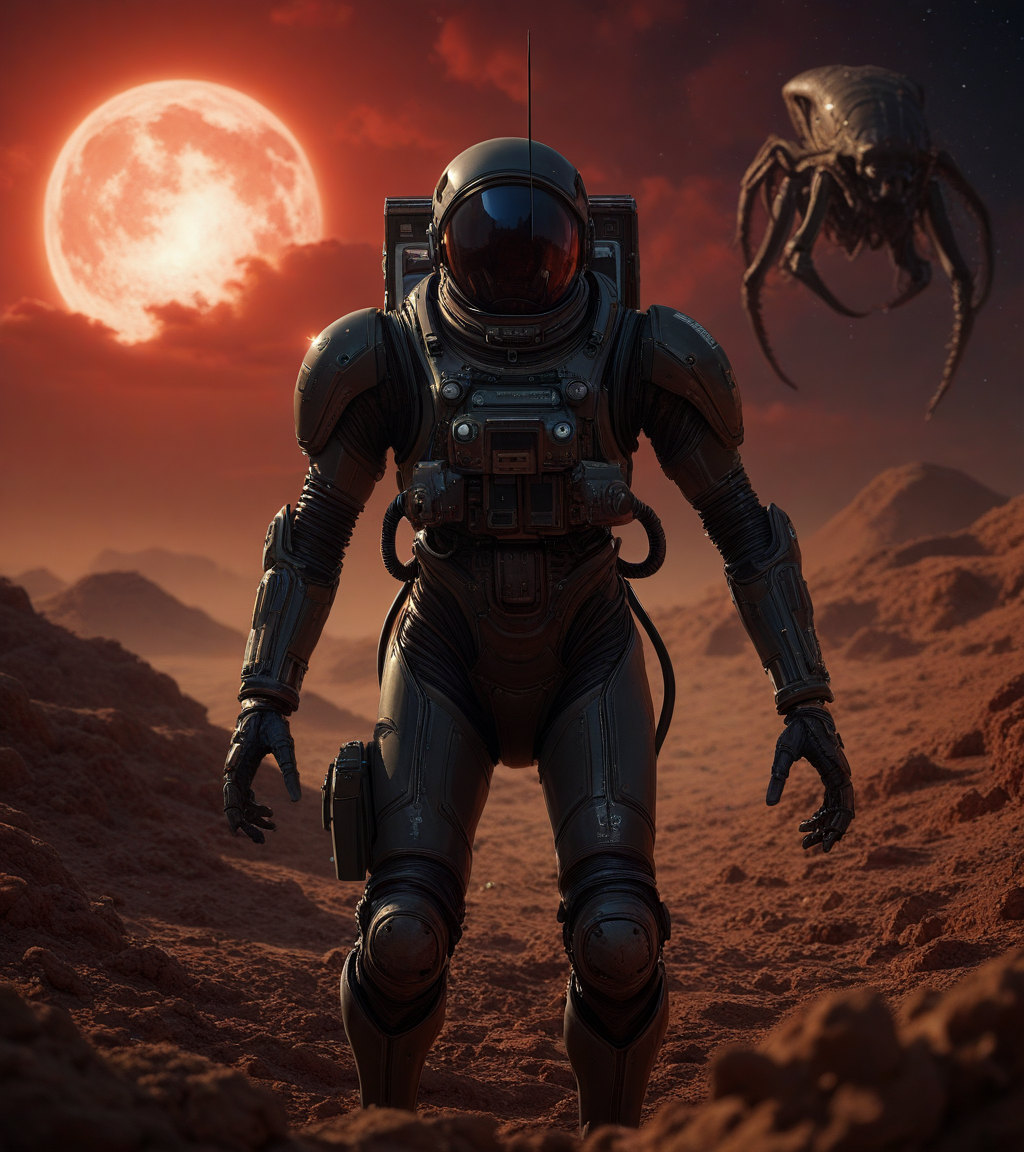 Stable_Yogis_Illustrious_Positives,  EZRealPONYXL,  young female astronaut stands on the martian ground, futuristic style, futuristic, fantastic, outdoors, red sky, red terrain, Mars, foggy, clouds, rocks, space station, futuristic city, rover, holding laser gun, outdoors, insane details, best quality, cinematic lights, cinematic shadows, tension, insane details, OverallDetail, closeup,   an alien xenomorph behind the austronaut <lora:add-detail-xl:1.4>