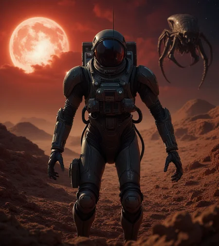 Stable_Yogis_Illustrious_Positives, EZRealPONYXL, young female astronaut stands on the martian ground, futuristic style, futuristic, fantastic, outdoors, red sky, red terrain, Mars, foggy, clouds, rocks, space station, futuristic city, rover, holding laser gun, outdoors, insane details, best quality, cinematic lights, cinematic shadows, tension, insane details, OverallDetail, closeup, an alien xenomorph behind the austronaut <lora:add-detail-xl:1.4>