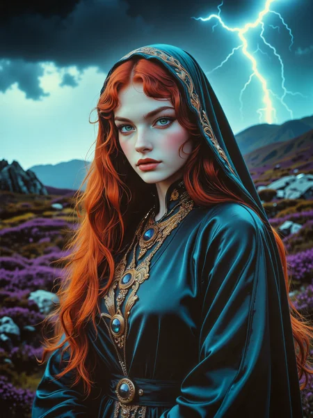 masterwork portrait photograph, shot with a hasselblad x1d ii on kodak gold 200 film, iso 400 pushed to 800, grain boost, edgy contrast, medium full view from the waist up, ultra high resolution, cinematic and highly aesthetic, rim lighting, dramatic lighting, a strikingly beautiful young woman stands against a vast highland landscape beneath a stormy sky, her long vibrant red hair cascades in waves down her shoulders, contrasting against her pale, porcelain skin, her piercing green eyes shimmer with eldritch magic, her beautiful face is accentuated by subtle, natural makeup, gaze with quiet intensity, she wears an ornate dark teal robe, the luxurious velvety fabric decorated with intricate gold and silver embroidery, a prominent circular sapphire brooch sits at the center of her chest, the background showcases rolling highland terrain, covered in deep purple heather, rugged rocks, and a few large, weathered trees standing defiantly against the elements, above, a sky heavy with dark, swirling storm clouds looms, an electric bolt of lightning rips through the sky, illuminating the scene with a brief but brilliant flash, casting sharp contrasts of light and shadow across the womanâs determined expression and the folds of her cloak,the composition adheres to the rule of thirds, centering the womanâs face while allowing the dramatic landscape to frame her, the interplay of natural and artificial lighting enhances the depth and intensity of the image, with the lightning serving as a dynamic, high-contrast focal point, a shallow depth of field ensures that while the woman remains in sharp, meticulous detail, textures and lighting are expertly rendered, with the interplay of soft and hard light adding dimension and realism to the portrait, an exquisite balance of color, contrast, and cinematic atmosphere, golden ratio, increased contrast and deeper blacks, f/1.8, short depth of field, high contrast, uhd, hdr, 8k, 4k, ovg, arsmoviestill, dndgr41nyb0yz style, aidmamj6.1, art1fact girl, <lora:style-80s_fantasy_movie-v3-flux-by_arsmachina:0.8> <lora:style-dnd_grainyboyz-romulus-flux-by_kimwithdapuss:0.48> <lora:portrait_artifacts-detailer-flux-by_whitelabel:0.76> <lora:midjourney_61-v0.5-flux-by_aidma:0.48>