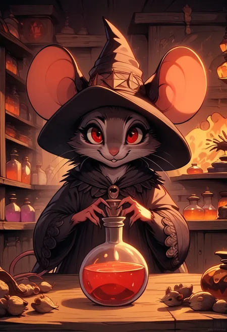 score_9, score_8_up, score_8, (solo:2), (fluffy:0.8), (feral), indoors, furry, (((mouse))), female, red eyes, dark grey fur, black ears, claws, (fluffy cheeks:0.4), witch hat, (black dress), in the style of beatrix potter, cel-shading, 0ddmag1c, shop, potions, skulls, dramatic angle, searching shelves, (upper body shot:1.5), reach for potion,