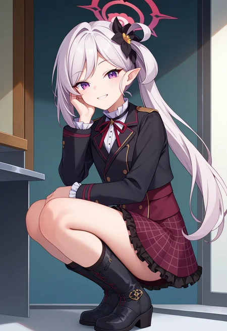 score_9, score_8_up, score_7_up, source_anime,
BREAK
1girl, solo,
<lora:shiMutsukiTrainingV1:1.0>, shianimemitsuki, long hair, purple eyes, pointy ears, white hair, side ponytail, black scrunchie, hair scrunchie, halo, hair ornament, hair flower, black flower,
long sleeves, frills, black jacket, neck ribbon, red ribbon, shirt, jacket,
red skirt, frilled skirt, plaid skirt, black socks, black footwear, boots,
looking at viewer, smile, squatting, indoors, hand on own face,