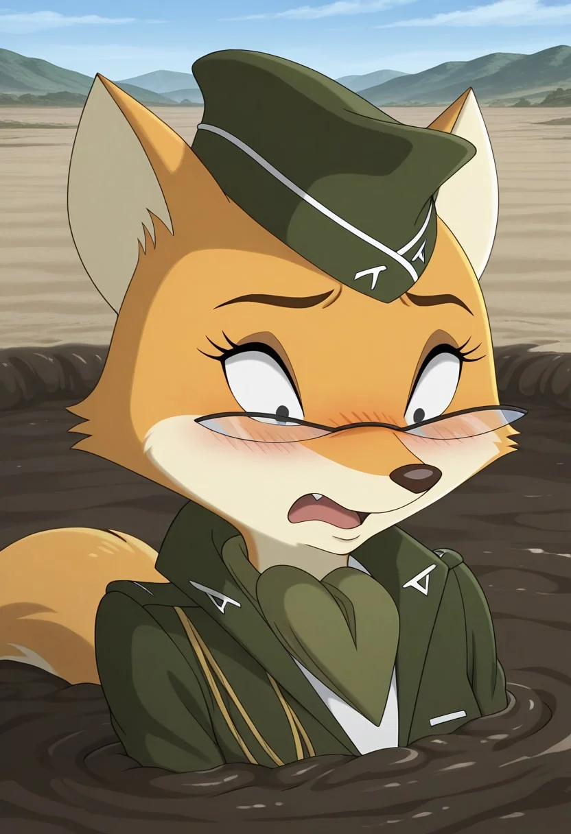 high resolution, absurdres, best quality, 1girl, lt_vixen, anthro, fox, furry, orange fur, tail, dot eyes, green military uniform, military hat, glasses, sky, outside, grasss field, scared, open mouth, (partially submerged, quicksand, white mud, shoulder deep in quicksand, embarrassed, looking down, sand, up to shoulders in quicksand, quarry, upper body, closeup), official style, official art style