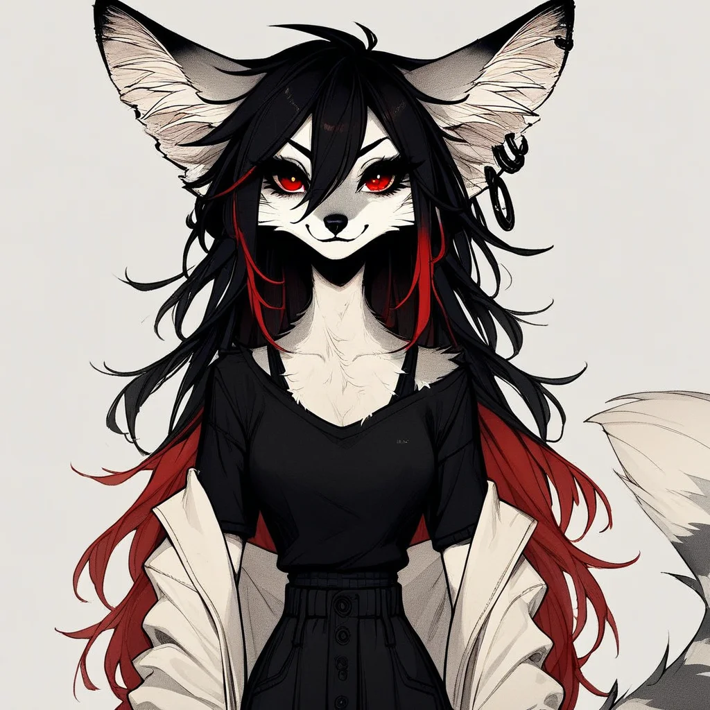 score_9_up, score_8_up, score_7_up, score_6_up, source_furry, (best quality:1.1), ultra-detailed, high resolution, highly detailed macro illustration, solo BREAK 1girl, rixa, anthro fox, female, gray and white fur, black and white fur, animal ears, black ear tips, fluff in ears, thin black eyebrows, black animal nose, (beautiful red eyes:1.2), (long eyelashes:1.1), black hair, red tipped hair, long hair, striped tail, fluffy tail, ear piercing, slim, narrow waist, breasts, portrait, smirk, black sweatshirt, look at viewer BREAK simple background, highly visible, sharp focus, anatomically correct