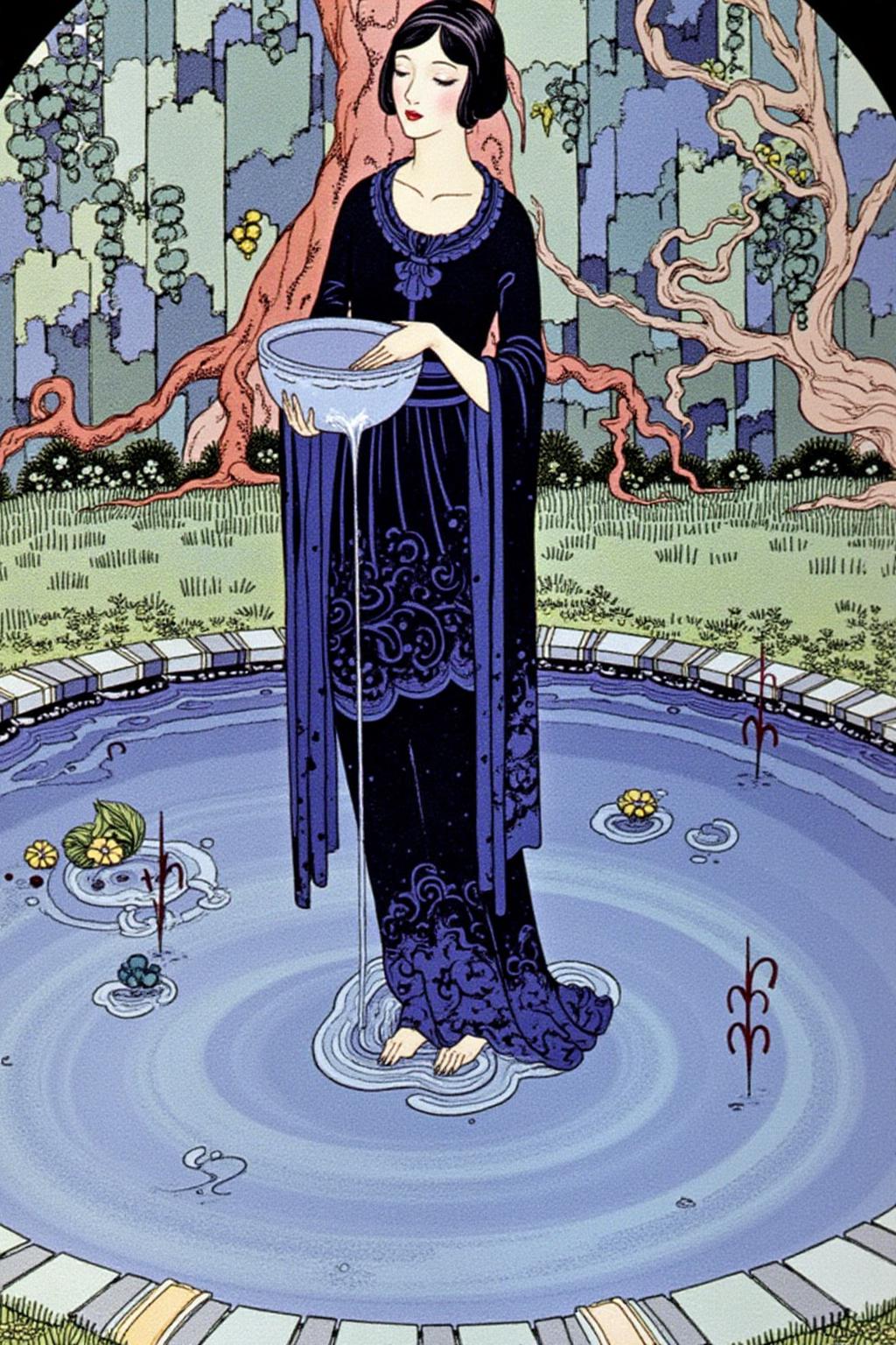 sterrett1 illustration. 
jwwaterhouse1g. 
A woman, Circle. with short dark hair, standing in a shallow pool of water. She is holding a bowl. and pouring the water into the pool. She is wearing a flowing, deep blue gown with intricate folds 
 <lora:sterrett1_cap_d6a3e8:1.0><lora:837020338077512043:0>