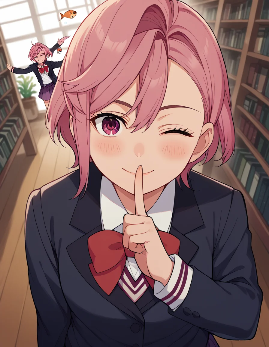 score_9, score_8_up, score_7_up, source_anime, <lora:aira-shiratori-alpha-ponyxl-lora-nochekaiser:1>, aira shiratori, short hair, bangs, hair between eyes, pink hair, pink eyes, medium breasts, shirt, long sleeves, bow, school uniform, jacket, white shirt, collared shirt, bowtie, red bow, black jacket, red bowtie, skirt, pleated skirt, purple skirt, miniskirt, seafloor, coral, fish, underwater, blue, smile, <lora:shushing-ponyxl-lora-nochekaiser:1>, shushing, finger to mouth, index finger raised, from above, library, smile, blush, one eye closed, dutch angle,, looking at viewer, solo,, dutch angle, cowboy shot