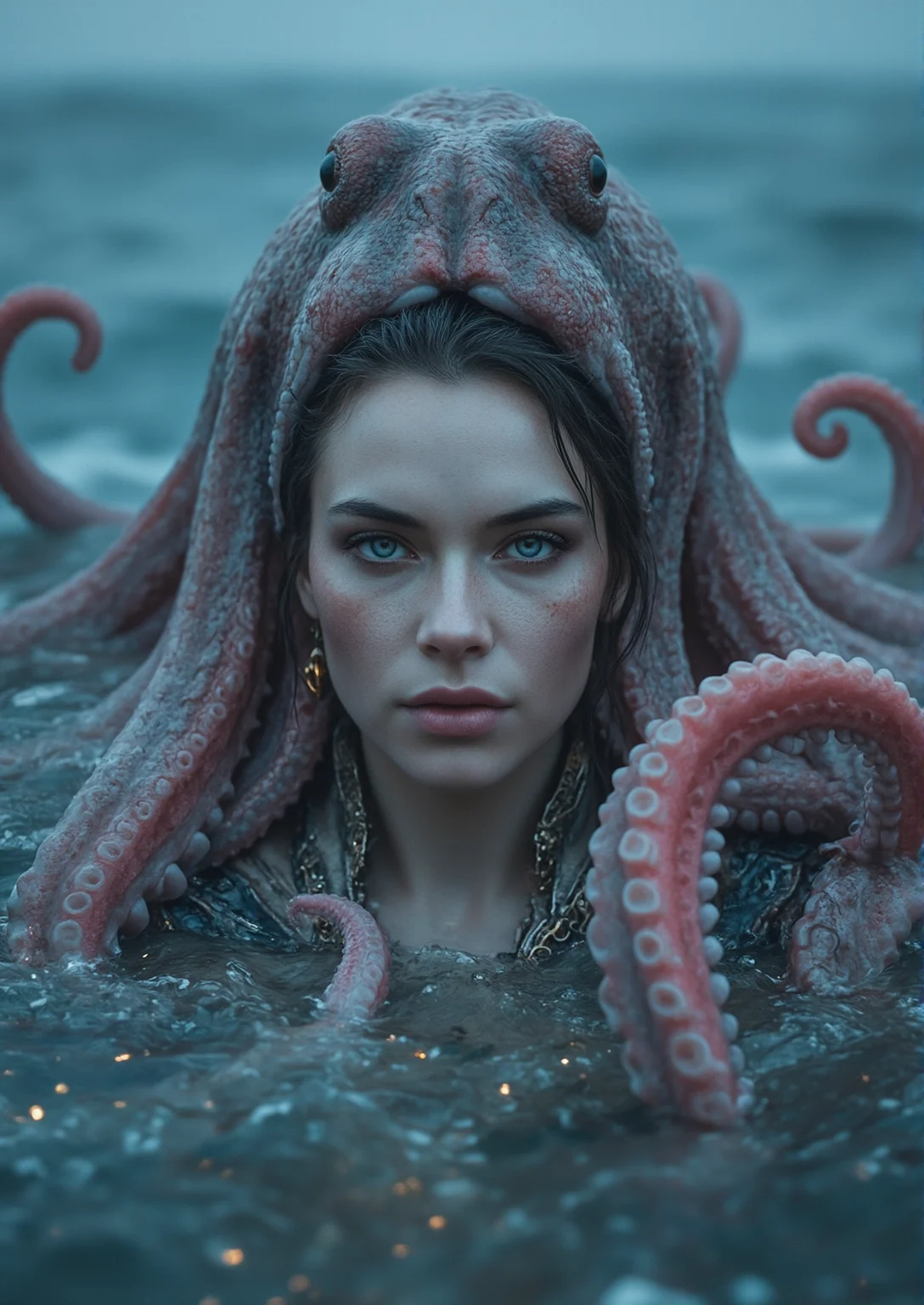 Dramatic fantasy portrait of a woman with light skin, intense blue eyes, and dramatic artistic makeup (smoky rose-gold eyeshadow, glowing freckles). A colossal octopus with glowing pink tentacles emerges from a misty ocean, its body wrapped around the woman in a protective embrace. Midjourney style: epic, mythological, and emotionally charged. Lighting uses chiaroscuro with warm pink highlights and cool blue shadows. Composition balances the womanâs central figure with the octopusâs sprawling form using the golden ratio spiral. Textures emphasize the octopusâs leathery skin, the womanâs ornate clothing, and the stormy ocean waves in the background.
GOLDEN RATIO COMPOSITION IS VERY IMPORTANT, high fashion photography, Midjourney style, cinematic
realistic soft lighting, eye-catching, atmospheric lighting, natural, shallow depth of field, highlights, high detail, dynamic, sincere, cinematic shot, bokeh, depth of field
highly detailed, realistic, cinematic lighting, 8k resolution, sharp focus, depth of field, volumetric lighting, realistic reflections, natural textures