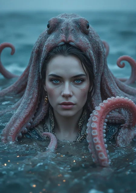 Dramatic fantasy portrait of a woman with light skin, intense blue eyes, and dramatic artistic makeup (smoky rose-gold eyeshadow, glowing freckles). A colossal octopus with glowing pink tentacles emerges from a misty ocean, its body wrapped around the woman in a protective embrace. Midjourney style: epic, mythological, and emotionally charged. Lighting uses chiaroscuro with warm pink highlights and cool blue shadows. Composition balances the womanâs central figure with the octopusâs sprawling form using the golden ratio spiral. Textures emphasize the octopusâs leathery skin, the womanâs ornate clothing, and the stormy ocean waves in the background.
GOLDEN RATIO COMPOSITION IS VERY IMPORTANT, high fashion photography, Midjourney style, cinematic
realistic soft lighting, eye-catching, atmospheric lighting, natural, shallow depth of field, highlights, high detail, dynamic, sincere, cinematic shot, bokeh, depth of field
highly detailed, realistic, cinematic lighting, 8k resolution, sharp focus, depth of field, volumetric lighting, realistic reflections, natural textures
