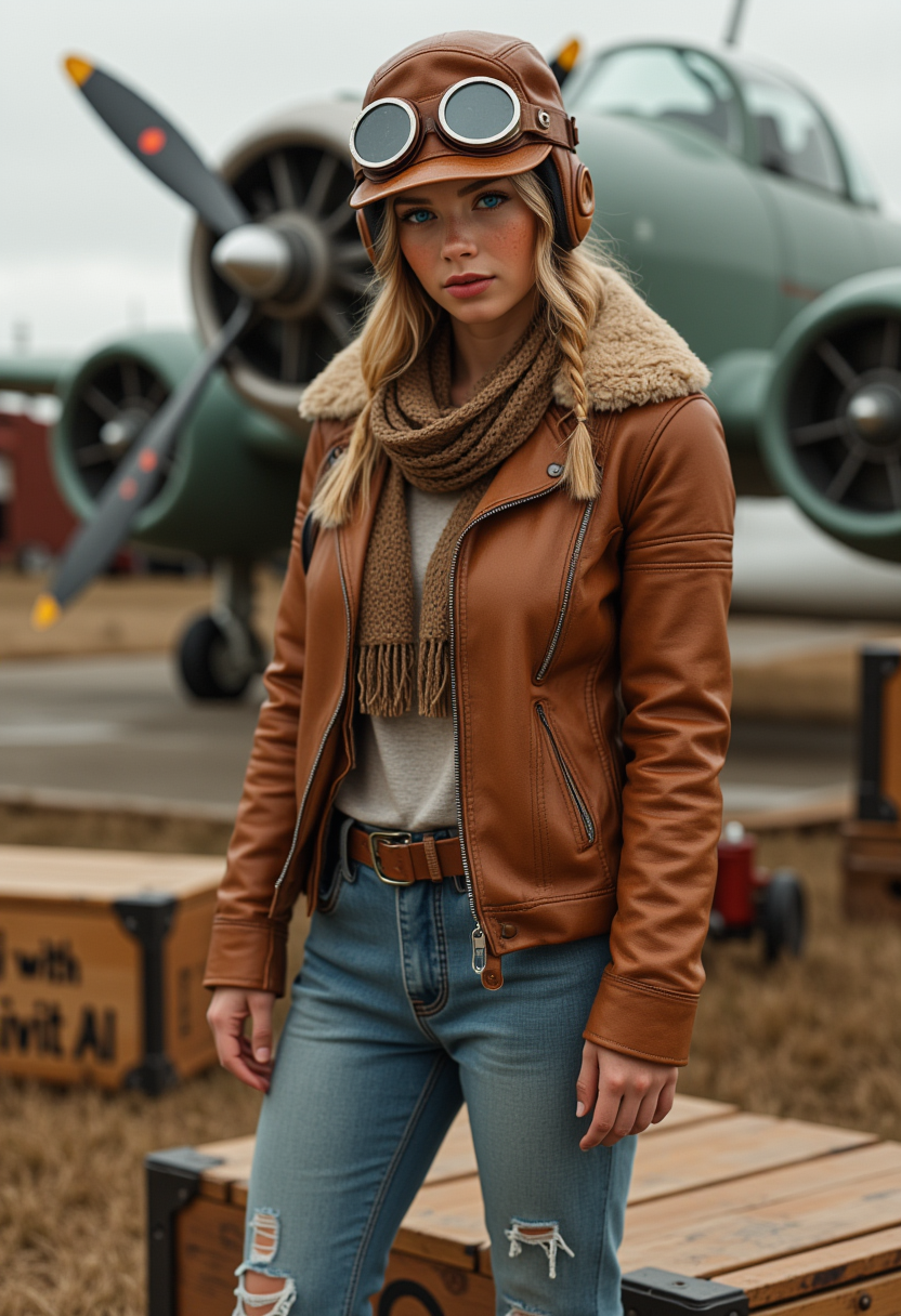 She is approximately 18 years old.she is standing, a vintage aircraft is in the background.  Hyperrealism, she is looking at the camera, (dynamic angles), headshots of a beautiful, stunning unique female character.  she has blonde hair. her eyes are filled with joy and excitement, extravagant eyelashes, a photo of Anastasia, a woman with blue eyes, wearing a brown leather jacket and a brown hat with goggles and leather jeans, posing for the camera. She is wearing a scarf and has a braid. The photo is in a sepia tone, giving it a vintage feel. The background is blurry, focusing on Anastasia as the main subject. She has a slight smile on her face and is looking directly at the camera. making this image a masterpiece of photography and digital art. realistic. making this image a masterpiece of photography and digital art. Style: realistic hyper-detailed rendering, 32k UHD, expressive eyes, punk, graphic design, girl's face, pretty and cute, gleaming lips, telling a tale of adventure. Exuding confidence and serenity. The overall mood of the image is happy and relaxed,detailed skin texture,(blush:0.2),(goosebumps:0.3),subsurface scattering,whimsical,Detailed hand, Perfect hand. Perfection style. is posing on a large wooden crate. On the crate is written "fly with CivitAI". she is wearing white sneakers. She is wearing a denim jeans. The scene is set outdoors, with a vintage plane visible in the background. The photo is taken in a close-up shot, focusing on  Anastasia legs and feet.. making this image a masterpiece of photography and digital art. realistic. making this image a masterpiece of photography and digital art. Style: realistic hyper-detailed rendering, 32k UHD, expressive eyes, punk, graphic design, girl's face, pretty and cute, gleaming lips, telling a tale of adventure. Exuding confidence and serenity. The overall mood of the image is happy and relaxed,detailed skin texture,(blush:0.2),(goosebumps:0.3),subsurface scattering,whimsical,Detailed hand, Perfect hand. Perfection style.