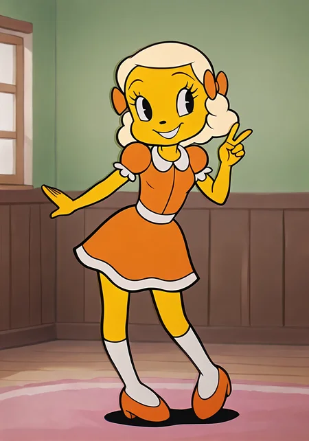 1girl, solo, <lora:sunshinesally:.8>, sunshinesally, happy, smiling, indoors, v, black eyes, full body