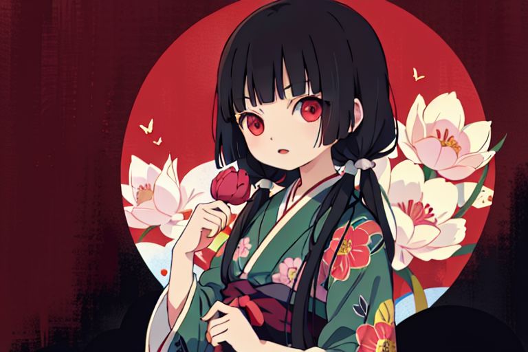 enma ai, hair down, hair black, bangs, eyes red, masterpiece, best quality, ultra-detailed, illustration, 1girl, solo, highres, photorealistic, ultra high res, (Original illustration composition), (fusion of limited color,Maximalism artstyle, kimono obi fashion, double exposure, background, illustration, Amazing, lily spider, night darkness, open one's mouth, finger, flowers red, low twintails, (polychromatic peony:1.15), Movie poster,