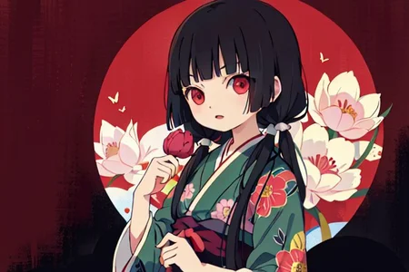 enma ai, hair down, hair black, bangs, eyes red, masterpiece, best quality, ultra-detailed, illustration, 1girl, solo, highres, photorealistic, ultra high res, (Original illustration composition), (fusion of limited color,Maximalism artstyle, kimono obi fashion, double exposure, background, illustration, Amazing, lily spider, night darkness, open one's mouth, finger, flowers red, low twintails, (polychromatic peony:1.15), Movie poster,