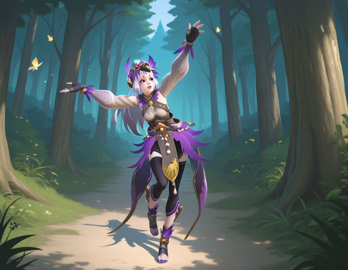 Masterpiece, high-res, 2k, best quality, 2.5d, 1girl,   yatagarasukiriko, kiriko (overwatch) <lora:yatagarasu_kiri_illus-000046:1> Sitting with one leg raised and arms reaching forward, Fairy tale-inspired cottage in a secluded forest glade