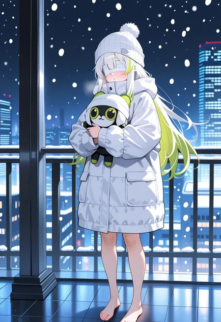 masterpiece, best quality, amazing quality, highres, high resolution, solo, score_9, score_8_up, score_7_up, 1girl, long hair, white hair, light green highlights, white bandages, bandages over eyes, long brilliant white fur jacket, barefoot, white beanie, standing, holding a doll, snowing city, nighttime,
