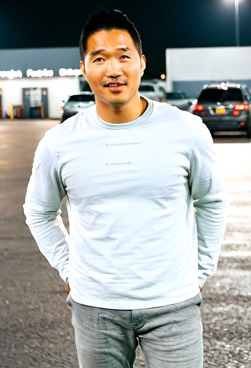 (((htkangface))), daddy,  natural face expression, (((detailed HtKangface))), fixed htKangface Photorealistic, realistic, masterpiece, intricate details, detailed background, depth of field, photo of a handsome, dynamic pose, natural face expression, (((looking at viewer))), high detail, high quality, male focus,  ((white shirt)), ((pants)), (( parking area background)), full body, ((night))