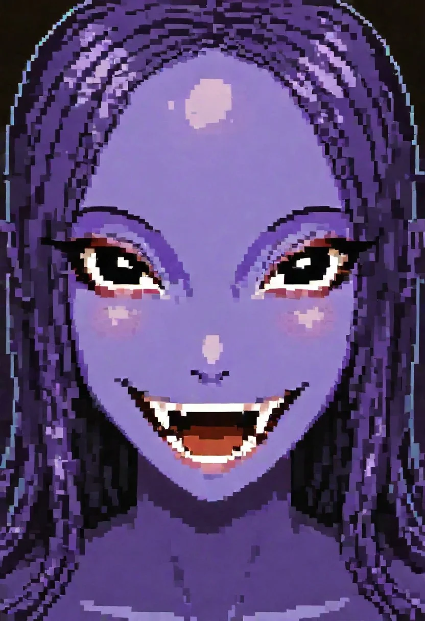 pixeldream, Expressiveh, 1girl, long hair, black eyes, alien girl, purple skin, close up portrait, smile, fangs