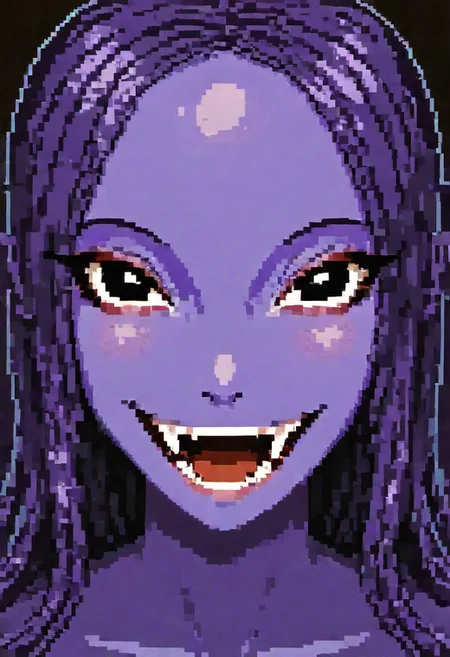 pixeldream, Expressiveh, 1girl, long hair, black eyes, alien girl, purple skin, close up portrait, smile, fangs