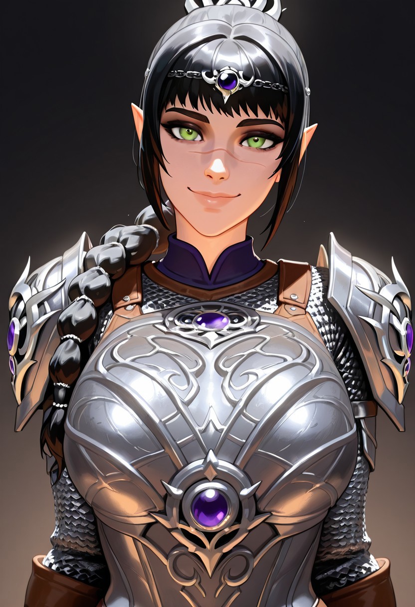 masterpiece,best quality,amazing quality, absurdres, <lora:shadowheart_bg3_ilxl_goofy:1> shadowheart \(baldur's gate\), 1girl, black hair, braid, breasts, elf, green eyes, large breasts, long hair, looking at viewer, multi-tied hair, pointy ears,scar on face,  simple background, smile, solo, body armor, shoulder pads, ,breastplate, chainmail,