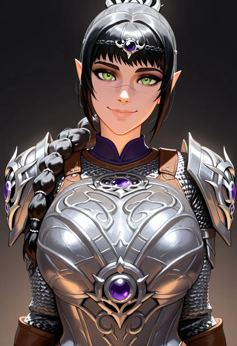 masterpiece,best quality,amazing quality, absurdres, <lora:shadowheart_bg3_ilxl_goofy:1> shadowheart \(baldur's gate\), 1girl, black hair, braid, breasts, elf, green eyes, large breasts, long hair, looking at viewer, multi-tied hair, pointy ears,scar on face,  simple background, smile, solo, body armor, shoulder pads, ,breastplate, chainmail,
