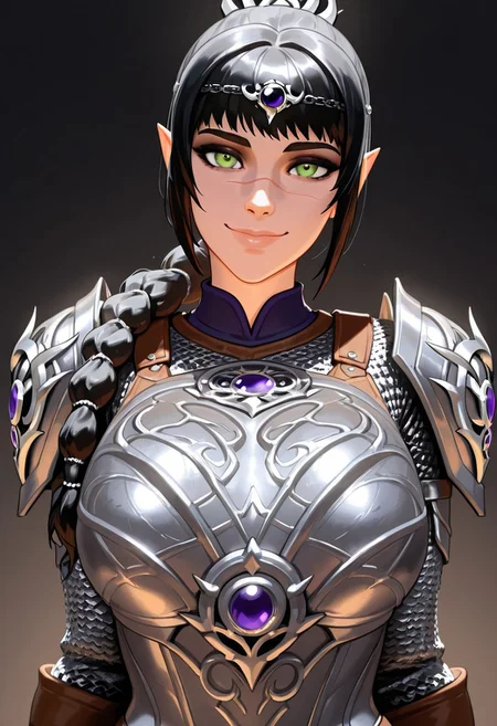 masterpiece,best quality,amazing quality, absurdres, <lora:shadowheart_bg3_ilxl_goofy:1> shadowheart \(baldur's gate\), 1girl, black hair, braid, breasts, elf, green eyes, large breasts, long hair, looking at viewer, multi-tied hair, pointy ears,scar on face, simple background, smile, solo, body armor, shoulder pads, ,breastplate, chainmail,