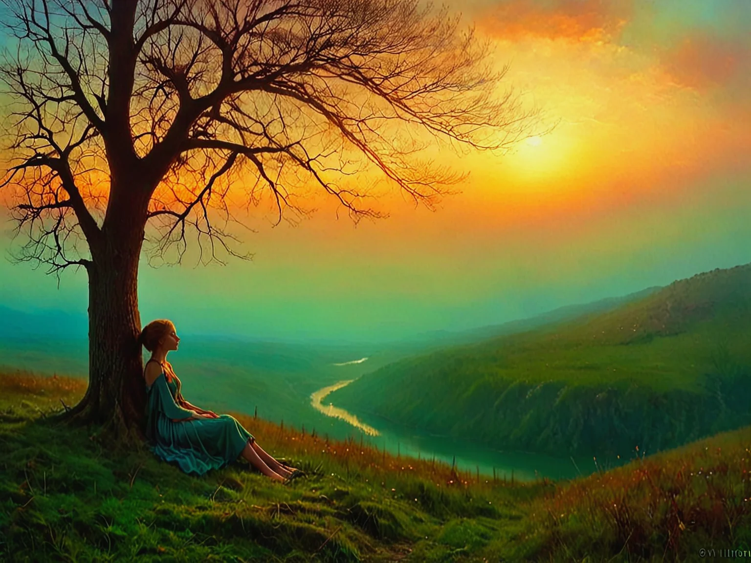 Dreaming. Perchance to sleep. Nature bound in dreams, above her sleeping form. Resting in the crutch of a tree, overlooking a verdant valley.
Fantasy style. Fantasy dreamlike art. Sunset.
<lora:Tonalism01b_CE_XL_300-OT:0.8> tnlsmCE_style