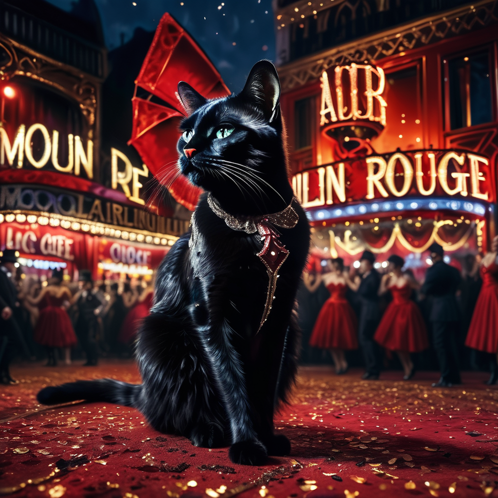 moulinrouge black cat very detailed, cinematic <lora:moulinrouge:1>