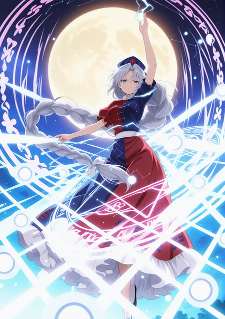 absurdres, highres, masterpiece, best quality, amazing quality, official anime artwork, screencap, anime screencap, outdoors, looking at viewer, serious, flying,
<lora:Eirin-Yagokoro_Illustrious:1> yagokoro eirin, 1girl, solo, grey eyes, grey hair, very long hair, braided ponytail, medium breasts,, nurse cap, constellation print, multicolored dress, red dress, blue dress, puffy short sleeves, frilled dress,
night, moon, light particles, starry sky, sky, magic circle, danmaku, fighting stance,