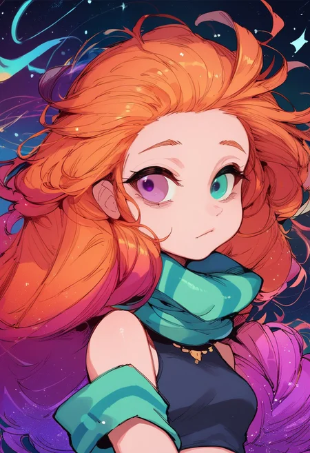score_9, score_8_up, score_7_up, score_6_up,1girl, solo,purple eyes, (blue eye:1.1), heterochromia,
ZoeLoLXL, orange hair, multicolored hair, gradient hair, long hair, single braid,forehead, green scarf, striped scarf, bare shoulders, blue midriff, necklace, armlet, bracelet, thatching \(texture\),
thin, petite, starry background, stars, outer space, short girl, , colorful background, Zoe/lol/, long flowing hair, abstract background,
portrait, happy,(looking_down:1.3)