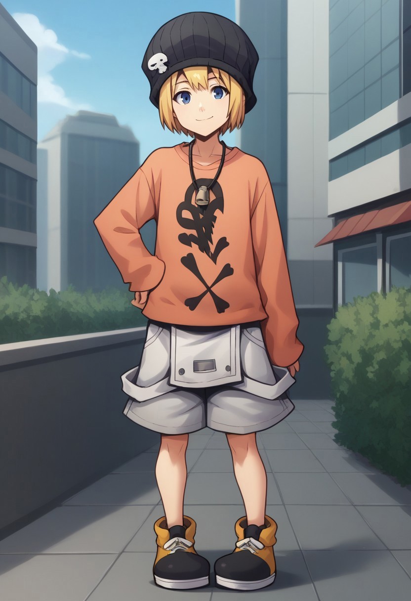 score_9, score_8_up, score_7_up, source_anime, highly detailed, 

raimu, solo, blue eyes, blonde hair, hat, full body, smile, shoes, shirt, black headwear, beanie, long sleeves,
shorts, looking at viewer, hand on hip, closed mouth, standing, yellow footwear, grey shorts, short hair,
male focus, bangs, skull print, 1girl, orange shirt, sleeves past wrists,

outdoor, street, building, sky, cloud,
