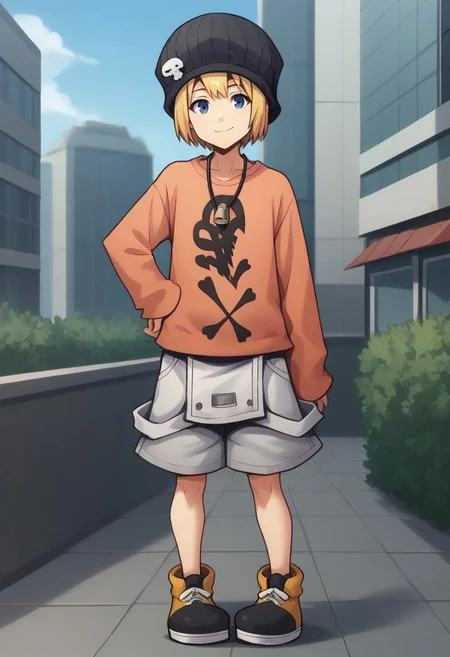 score_9, score_8_up, score_7_up, source_anime, highly detailed, 

raimu, solo, blue eyes, blonde hair, hat, full body, smile, shoes, shirt, black headwear, beanie, long sleeves,
shorts, looking at viewer, hand on hip, closed mouth, standing, yellow footwear, grey shorts, short hair,
male focus, bangs, skull print, 1girl, orange shirt, sleeves past wrists,

outdoor, street, building, sky, cloud,
