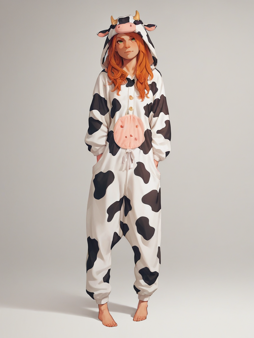 score_9, score_8_up, score_7_up, score_6_up, score_5_up,  <lora:CowonesieXLP:0.7> cow onesie, solo, cow print, animal costume, barefoot, 1girl, long hair, ginger hair, utters