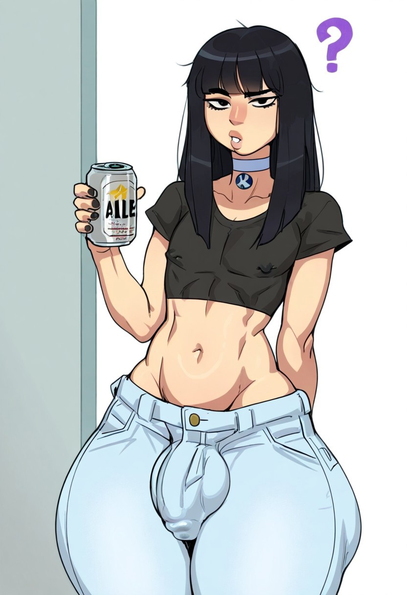 1boy, choker, black hair, long hair, bangs, otoko no ko, looking at viewer, wide hips, jeans, penis bulge under clothing, tight clothing, slender stomach, thick thighs, crop top, puffy chest, nipple bulge under clothing, holding beer can, sipping drink, raised eyebrow, ?, Hallway Setting