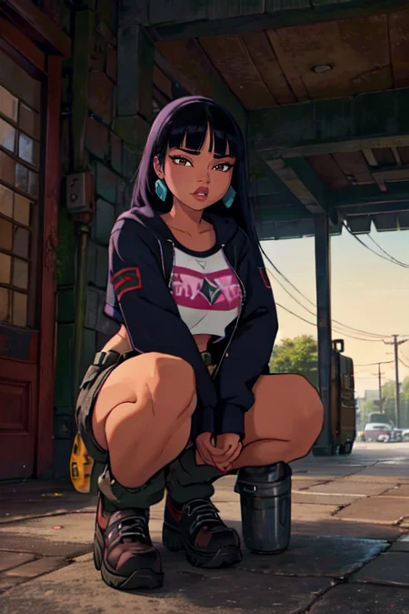 chel, large breasts, wide hips, <lora:Chel:0.6>, (masterpiece:1.2, best quality:1.2, beautiful, high quality, highres:1.1, aesthetic), detailed, extremely detailed, ambient soft lighting, 4K, perfect lighting, squatting, (edgGrunge, wearing edgGrunge fashion, cargo pants, leather jacket),  <lora:edgGrungeFreestyle:1>