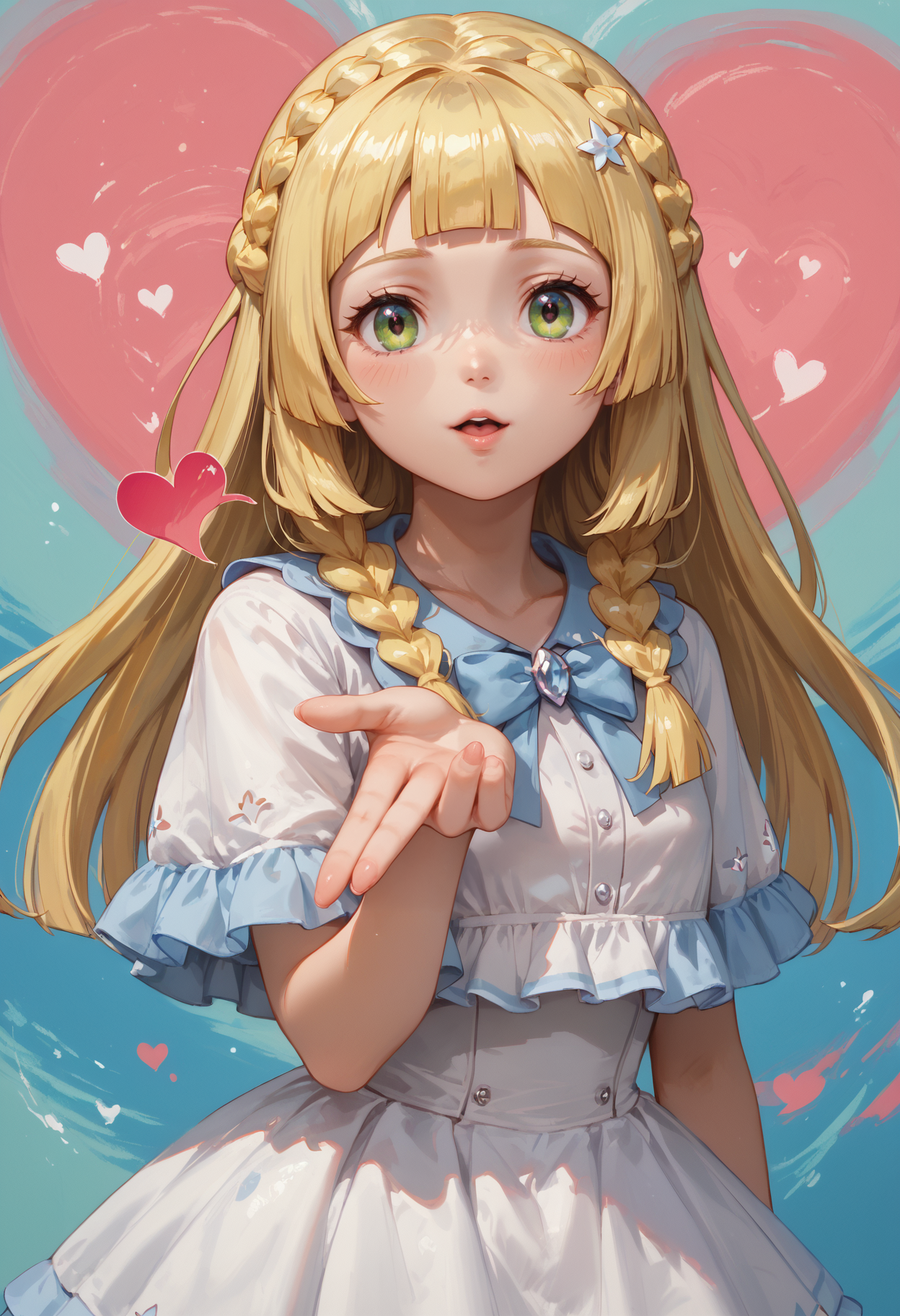score_9,score_8_up,score_7_up,high quality,highres,masterpiece,abstract background,(((hearts))),heart,multicolored background,colorful,<lora:frieren_blowing_a_kiss_pony>,blowing kiss,heart,<lora:Lillie:0.8>,LillieUAI,<lora:Expressive_H:0.8>,ExpressiveH,<lora:add-detail-xl:2>,âââ,âââ