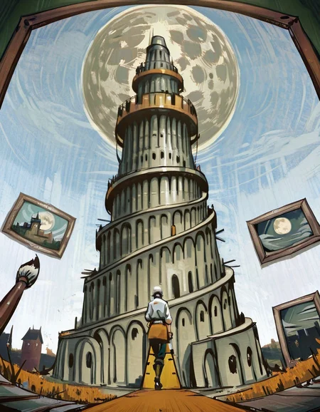 <lora:Tower_of_Babel:1> tower of babel,from below,moon,(style of disco elysium:1.3),picture frame,brush,   masterpiece,best quality,amazing quality <lora:DiscoElysium Illustrious 0.1:1>