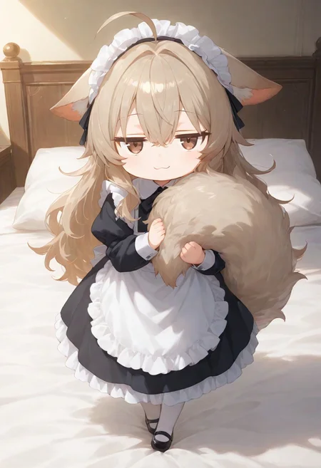 masterpiece, best quality, amazing quality, very aesthetic, absurdres, newest, [anime screencap], [calm colors], 1girl, chibi, solo, tsurime, long hair, dark blonde hair, wolf ears, ears down, brown eyes, maid clothes, wolf tail, fluffy tail, hugging own tail, smug expression, (jitome eyes:1.4), looking at viewer, on bed, ahoge,, ricottestyle