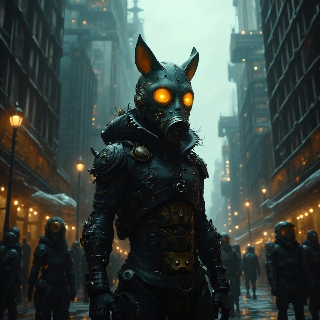 A hyper-realistic photograph of a mysterious character wearing a futuristic gas mask with glowing yellow eyes and feline-like ears, standing in a dystopian, steampunk-inspired city. The character's attire is rugged and functional, with intricate mechanical details on the mask, hinting at advanced technology. The cityscape in the background features towering, rusted skyscrapers with exposed gears and pipes, belching steam into the dark, cloudy sky. The streets are dimly lit by flickering, old-fashioned street lamps, and the ground is slick with rain, reflecting the eerie yellow glow of the character's eyes. A few other figures, equally outfitted in steampunk gear, move through the shadows, adding to the mysterious and foreboding atmosphere of this post-apocalyptic world
