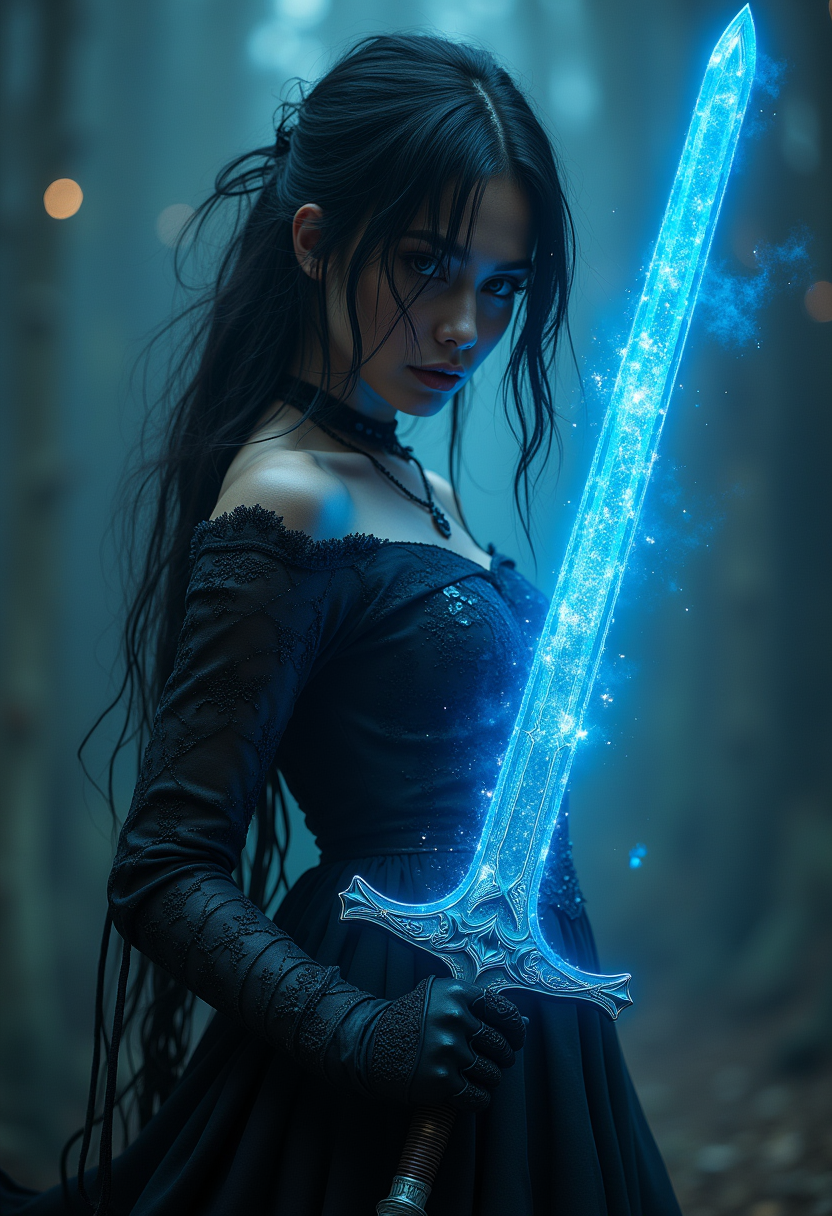 Detailed, masterpiece, professional, bold colors, awe inspiring, photography inspired by Jeremy Mann and Kelly McKernan, 30mm shot, action scene, HDR, bloodborne themed, epic atmosphere, female warrior against impossible odds, gloomy, Victorian era, holding cosmic infused lovecraftian sword, feminine, inspired by Agnes Cecile, etched sword, blue glowing aura, cosmic eyes